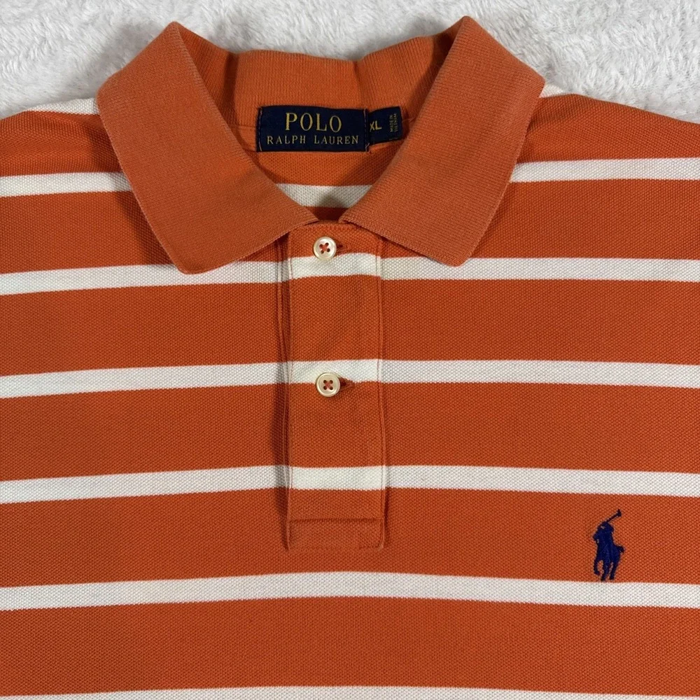 Polo Ralph Lauren Polo Shirt Men's XL‎ Orange White Striped Blue Pony